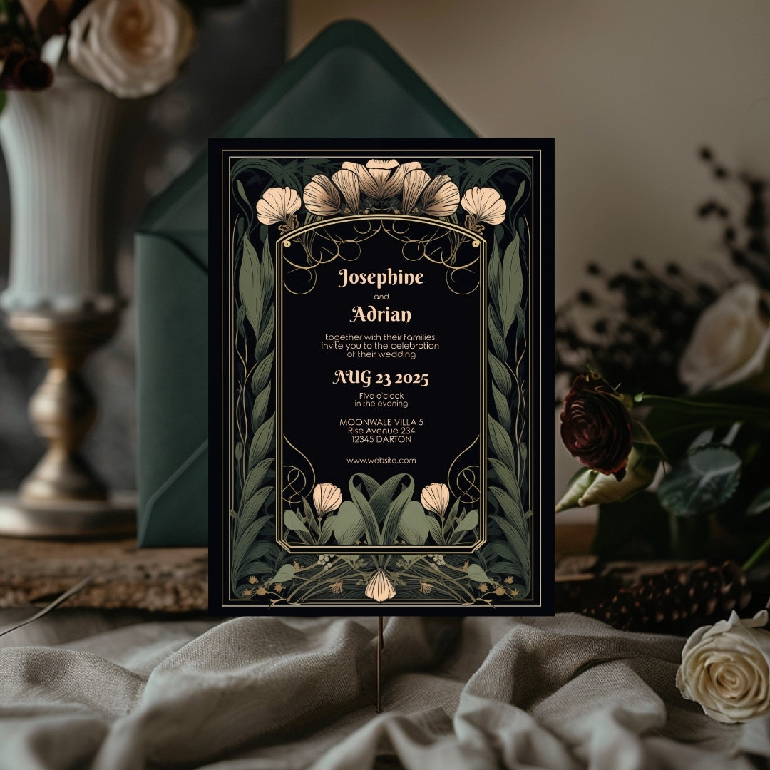 Floral Art Deco Gothic Wedding Invitation