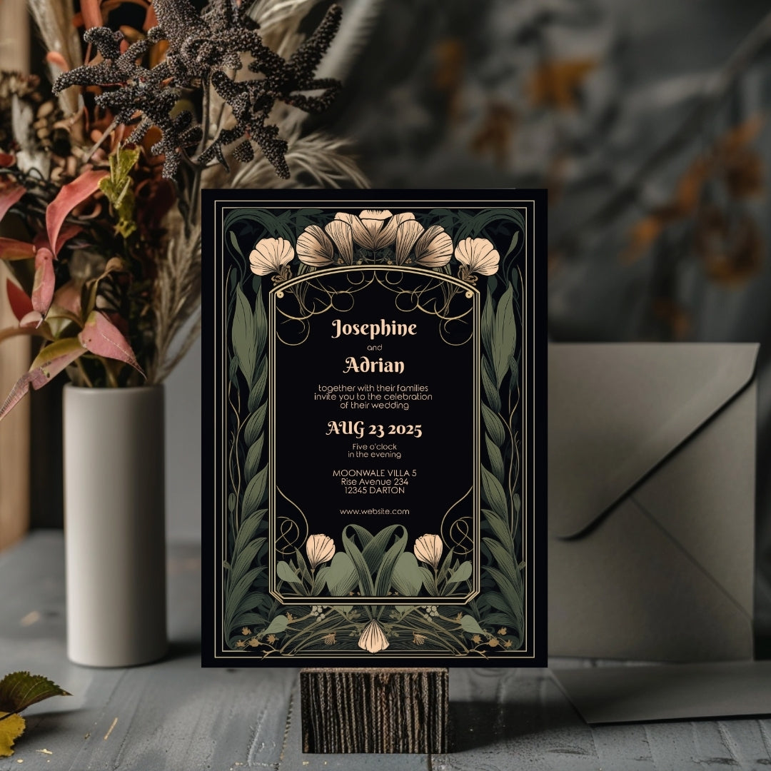 Floral Art Deco Gothic Wedding Invitation