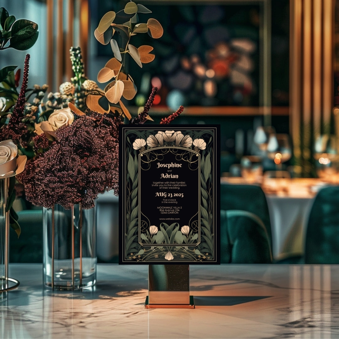 Floral Art Deco Gothic Wedding Invitation