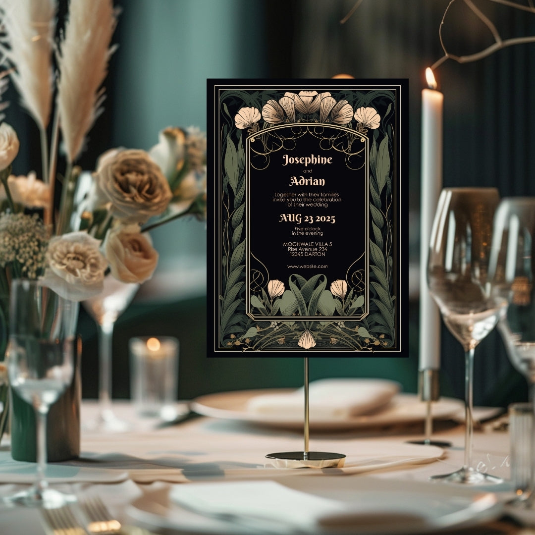 Floral Art Deco Gothic Wedding Invitation