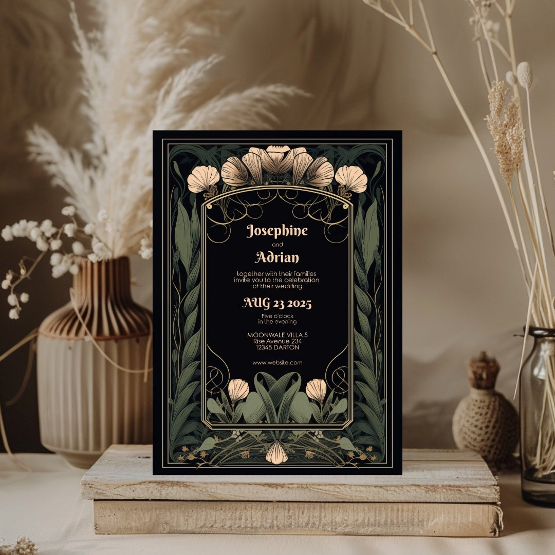 Floral Art Deco Gothic Wedding Invitation