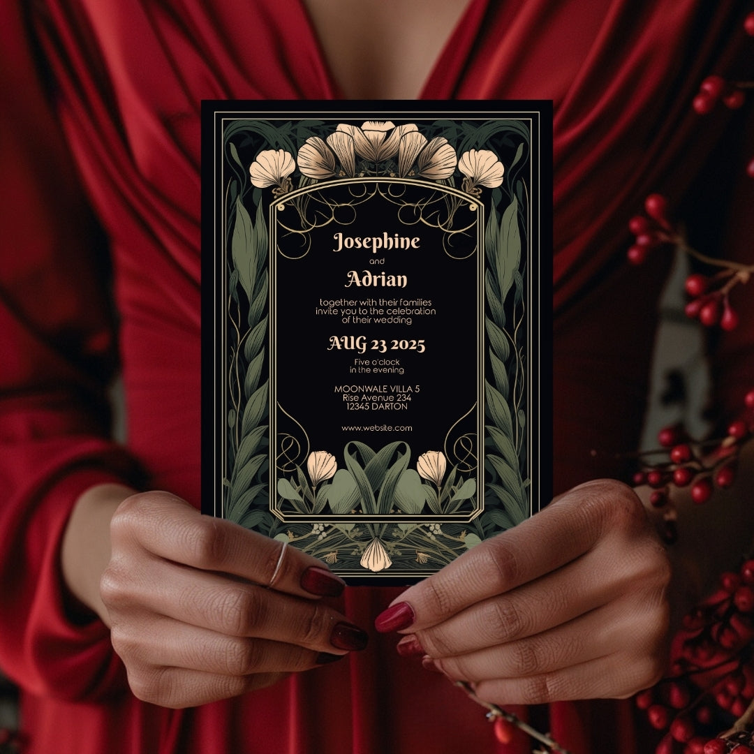 Floral Art Deco Gothic Wedding Invitation
