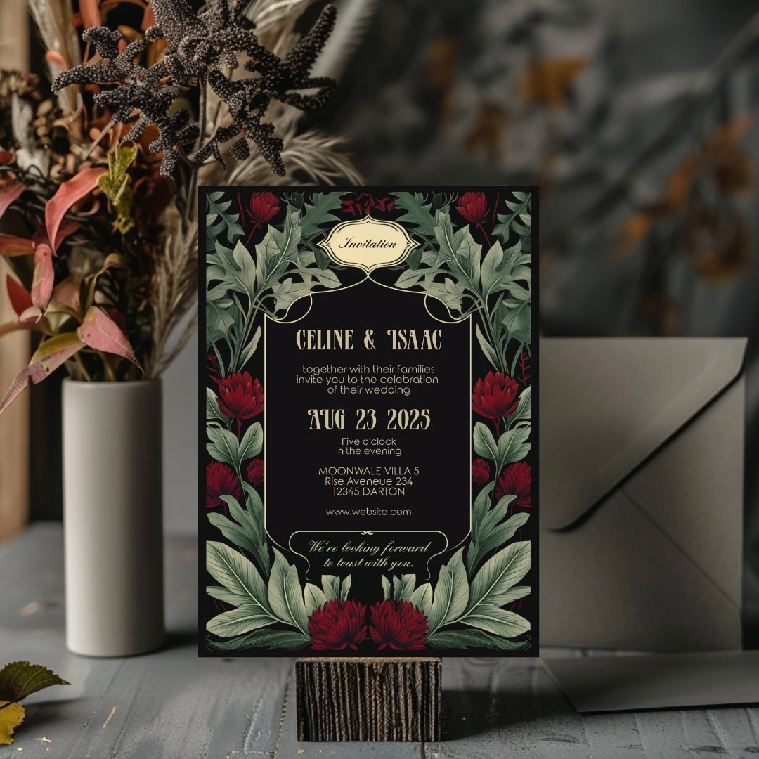 Red Floral Garden Vintage Wedding Invitation