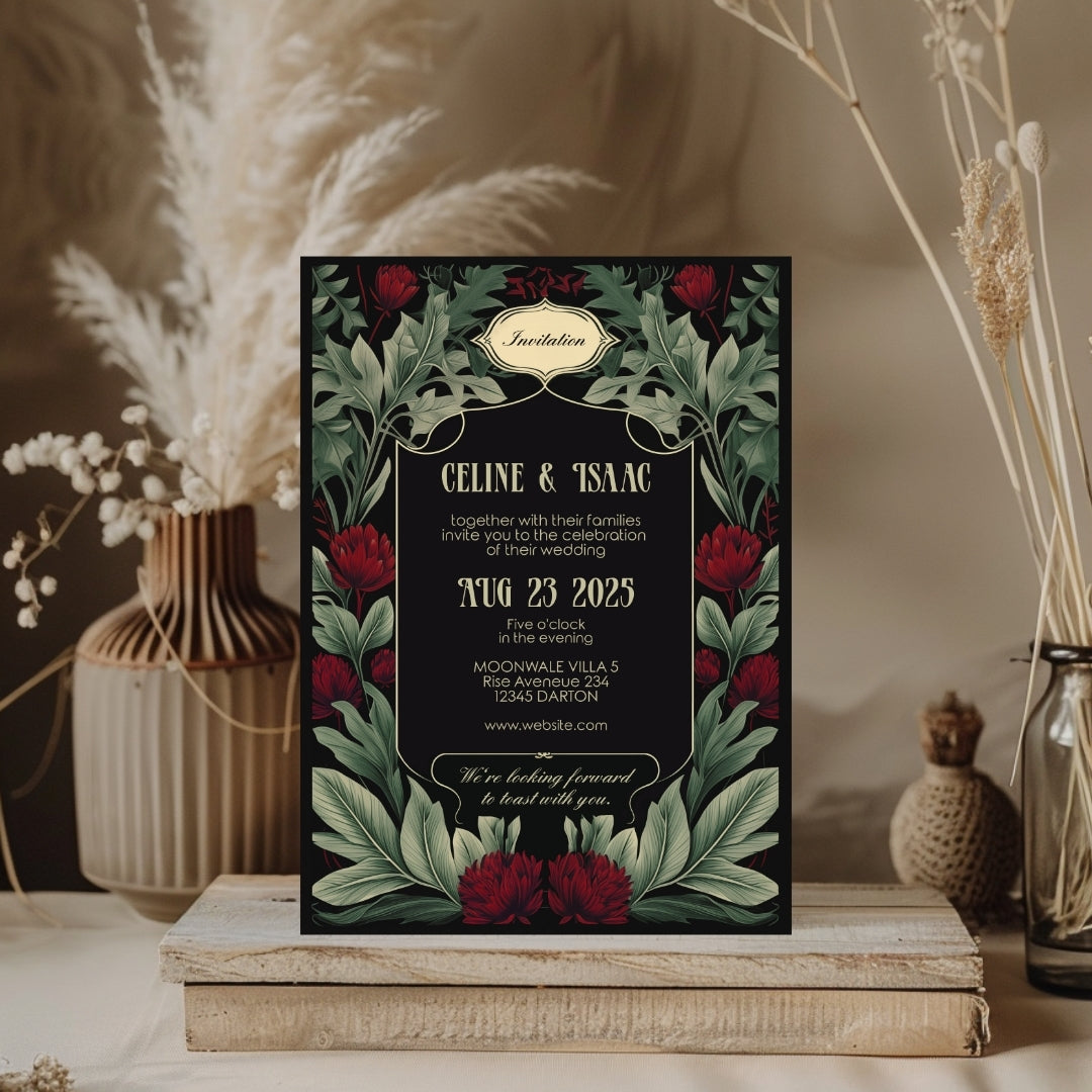Red Floral Garden Vintage Wedding Invitation