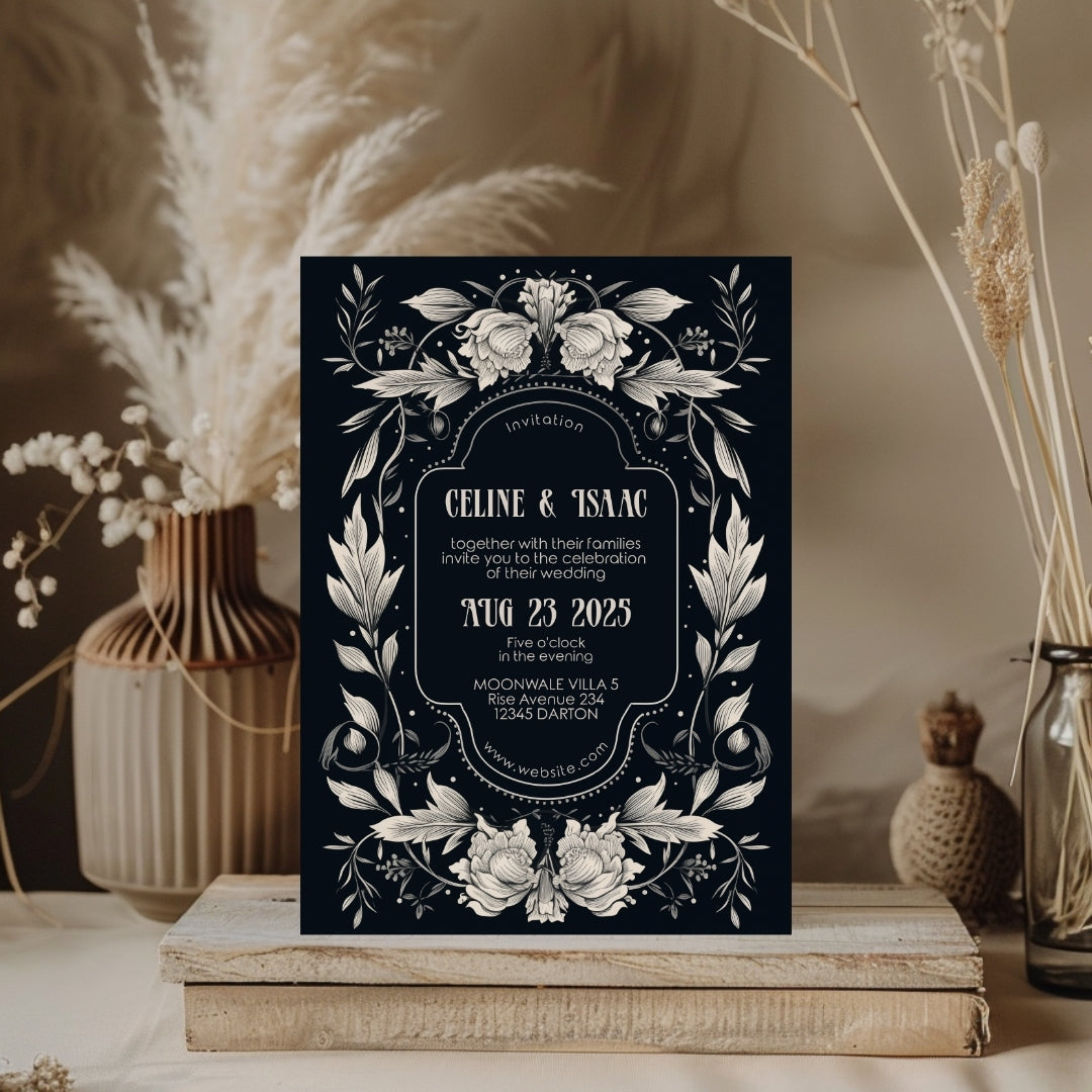 Floral Gothic Crest Wedding Invitation