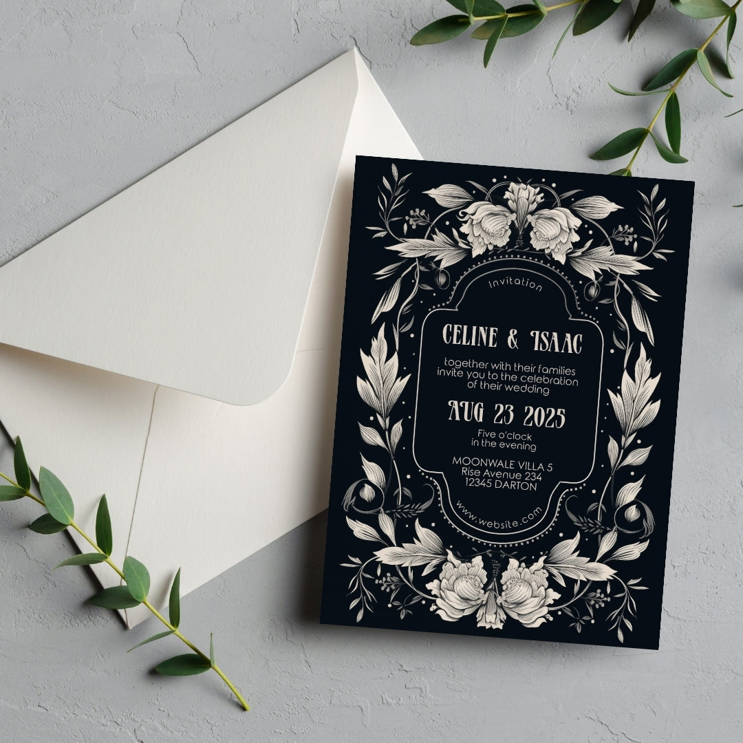 Floral Gothic Crest Wedding Invitation