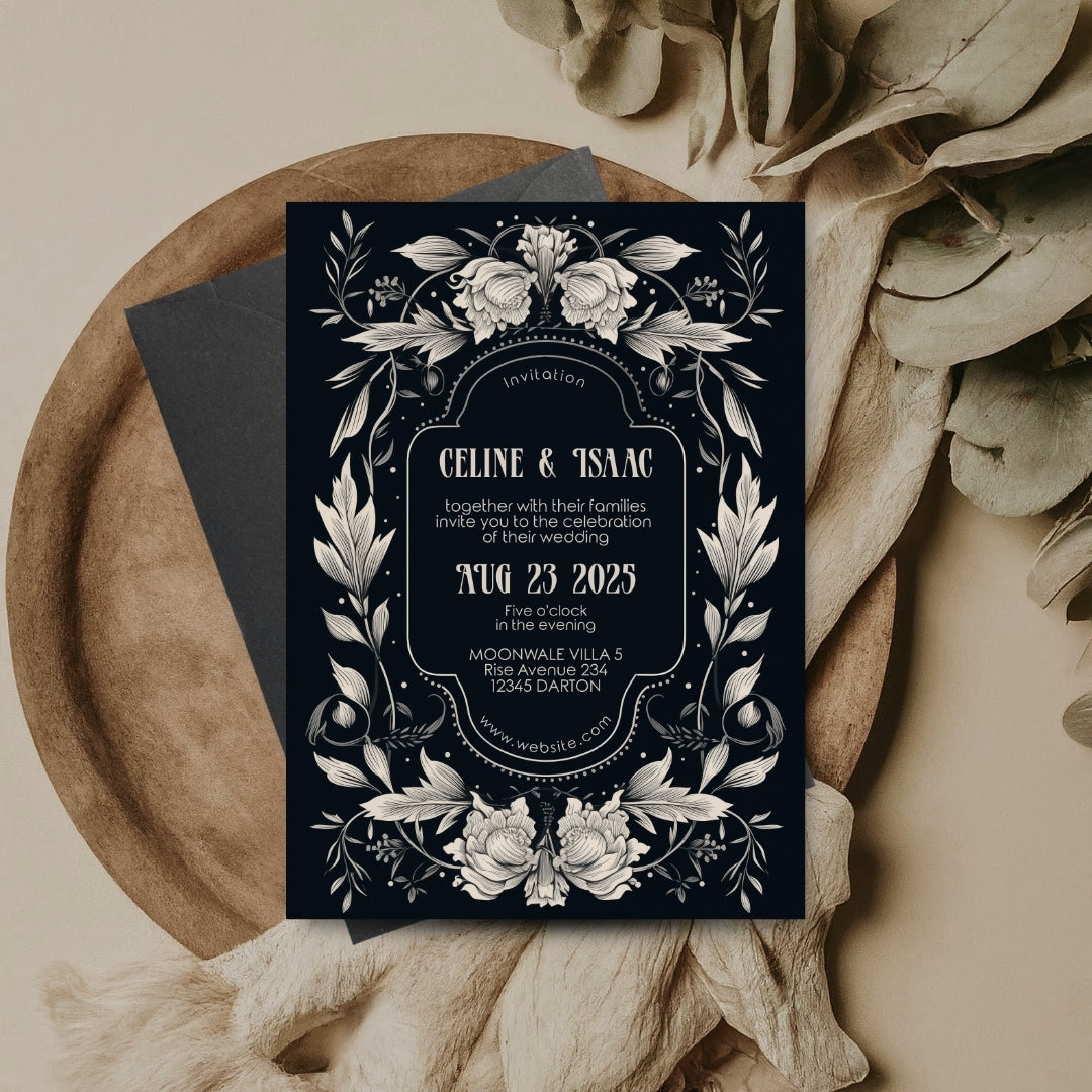 Floral Gothic Crest Wedding Invitation