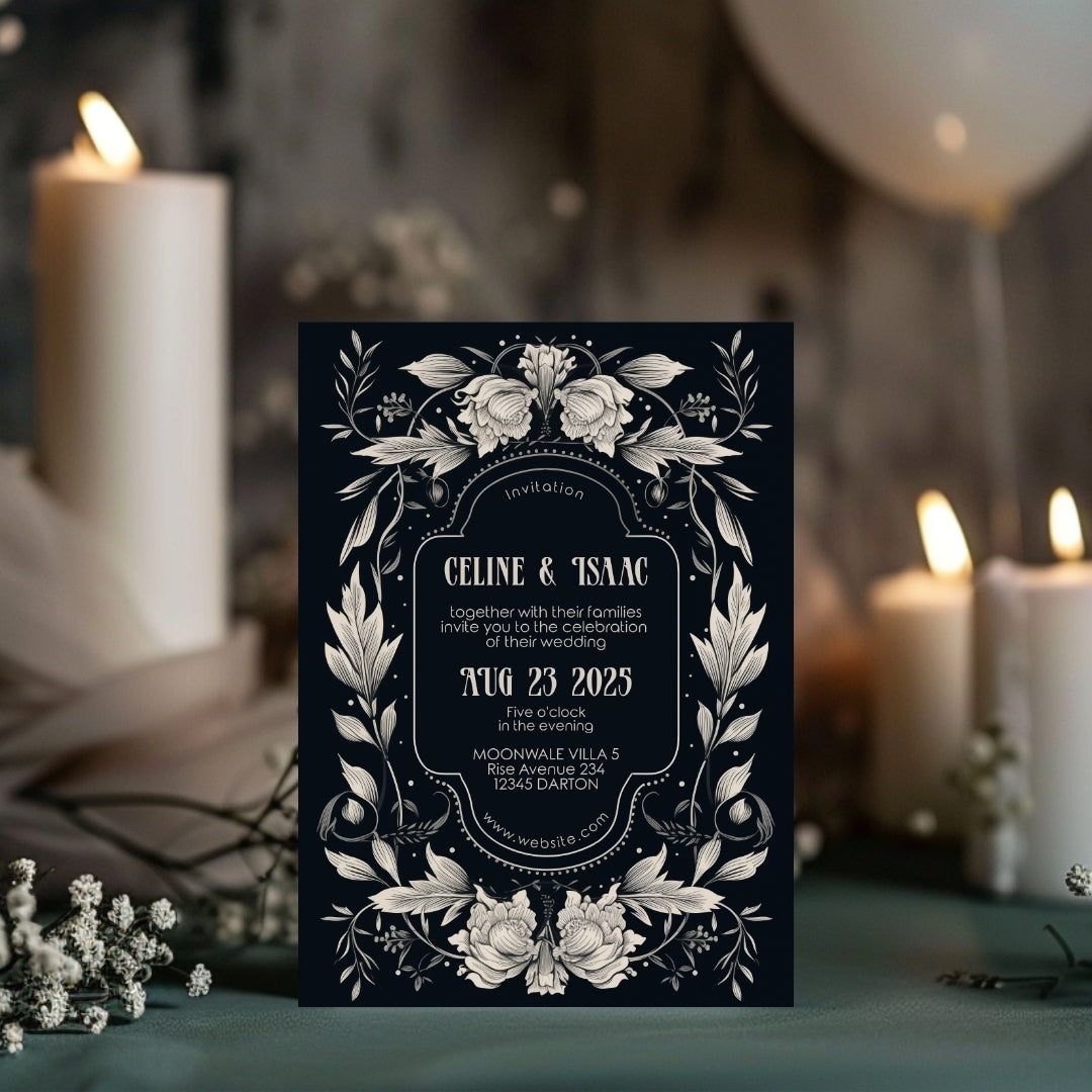 Floral Gothic Crest Wedding Invitation