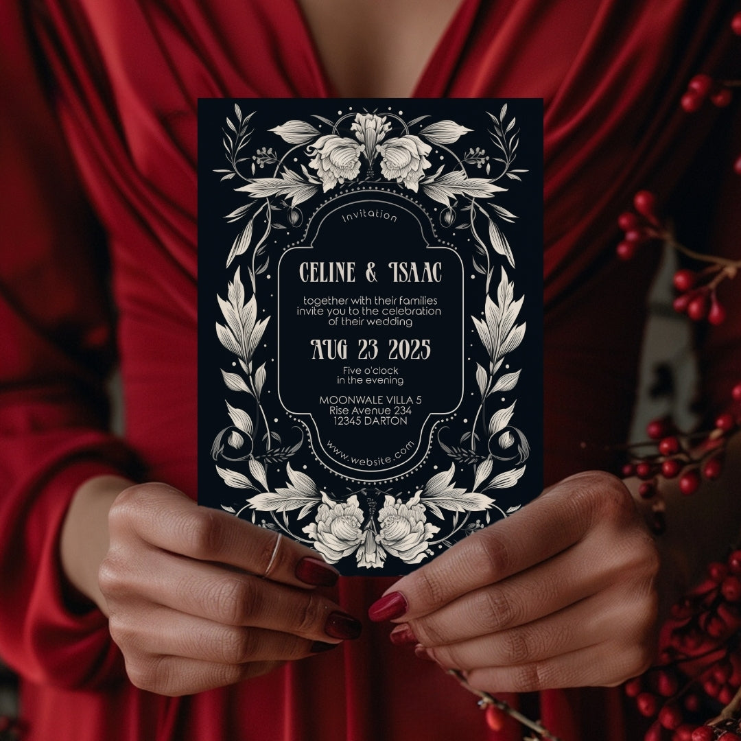 Floral Gothic Crest Wedding Invitation