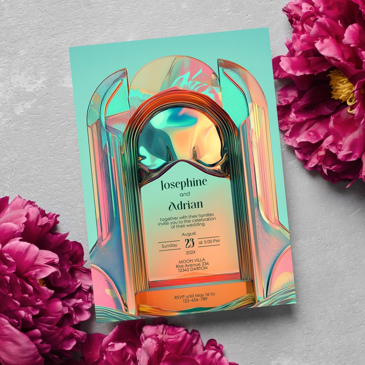 Bold Neon Festival Wedding Invitation – Iridescent Abstract Sculptural Arch Design