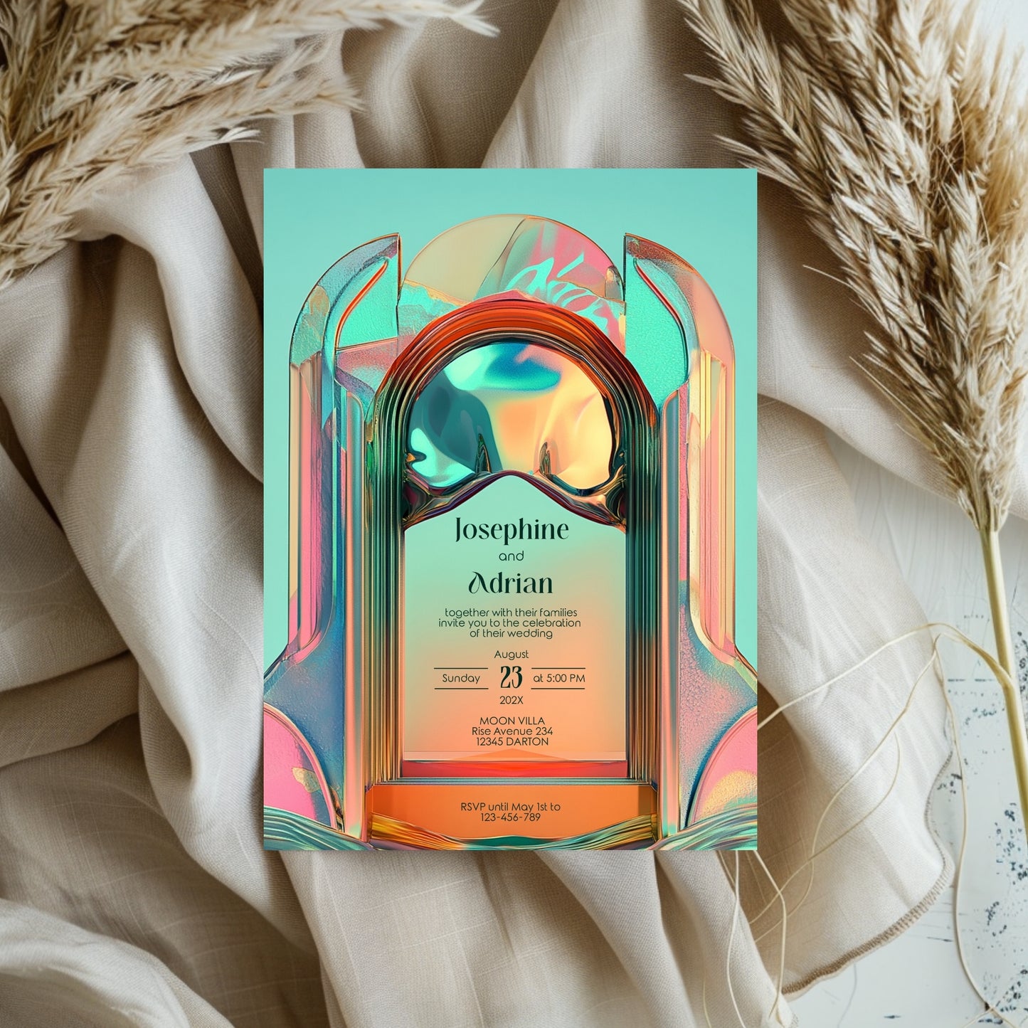 Bold Neon Festival Wedding Invitation – Iridescent Abstract Sculptural Arch Design
