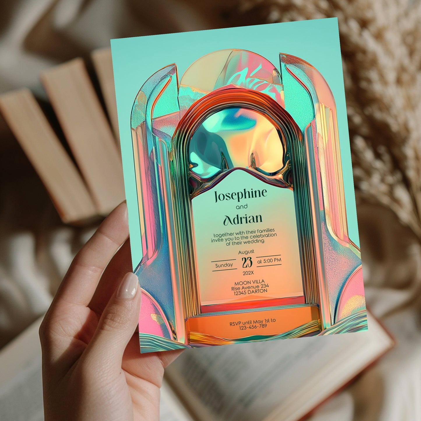 Bold Neon Festival Wedding Invitation – Iridescent Abstract Sculptural Arch Design