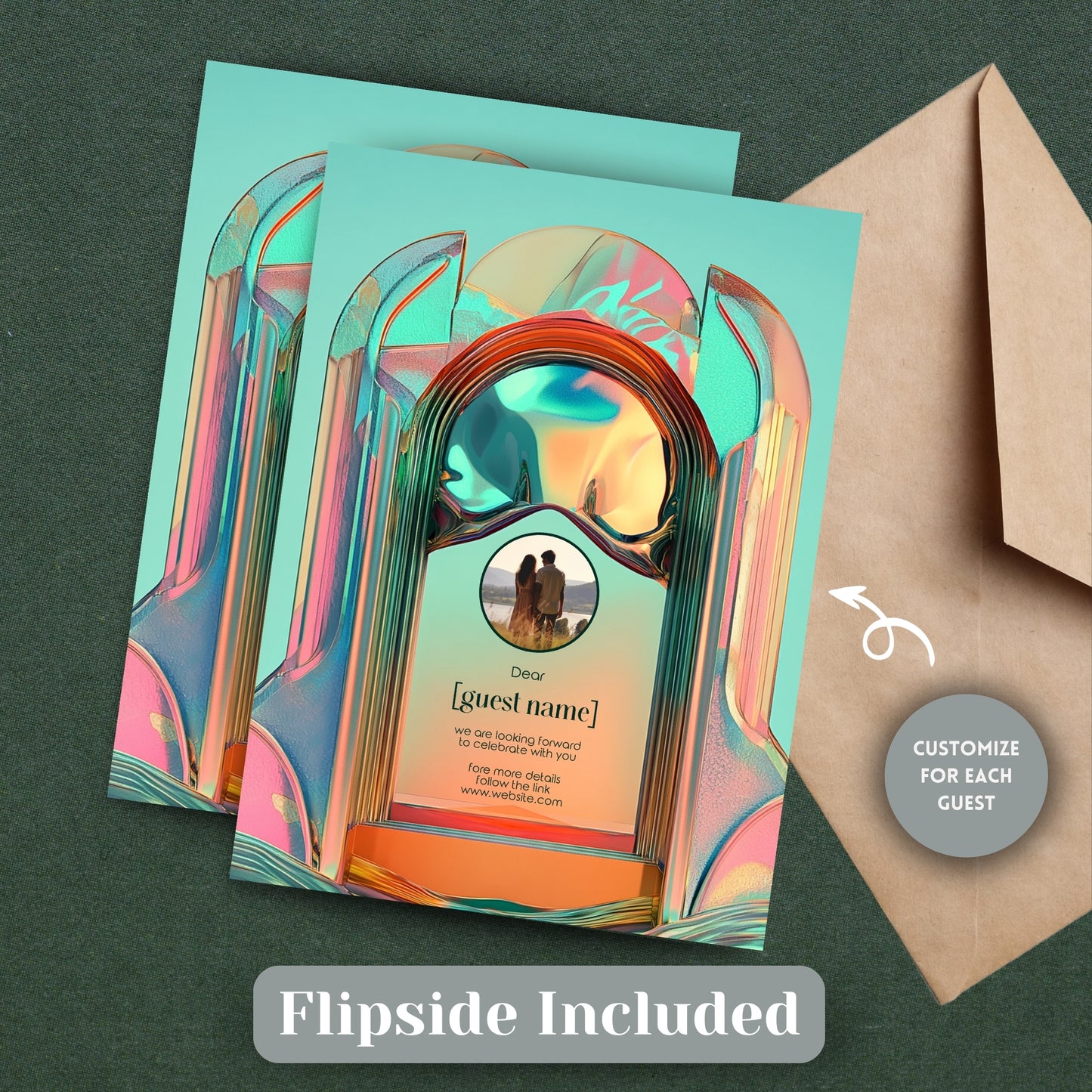 Bold Neon Festival Wedding Invitation – Iridescent Abstract Sculptural Arch Design