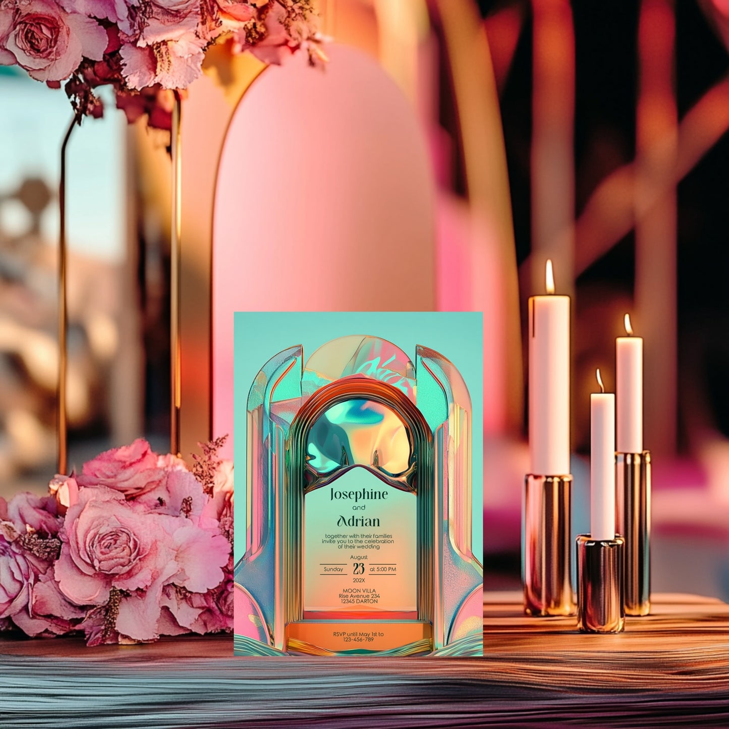 Bold Neon Festival Wedding Invitation – Iridescent Abstract Sculptural Arch Design