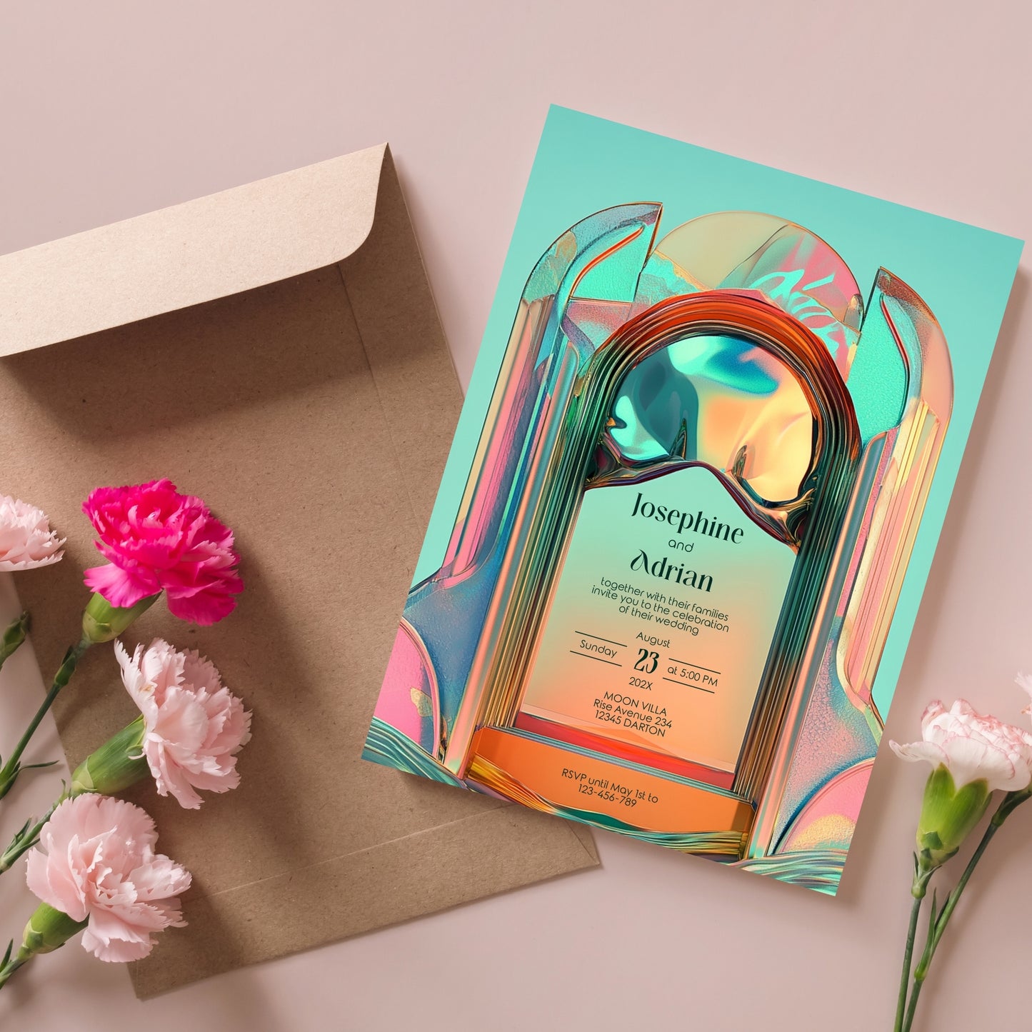 Bold Neon Festival Wedding Invitation – Iridescent Abstract Sculptural Arch Design