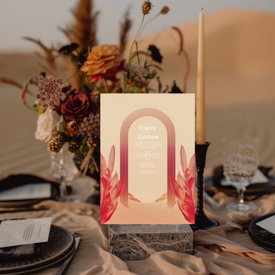 Red Florals Blush Dune Desert Arch Wedding Invitation
