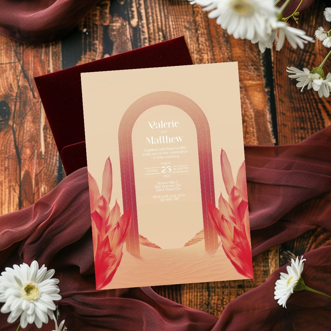 Red Florals Blush Dune Desert Arch Wedding Invitation