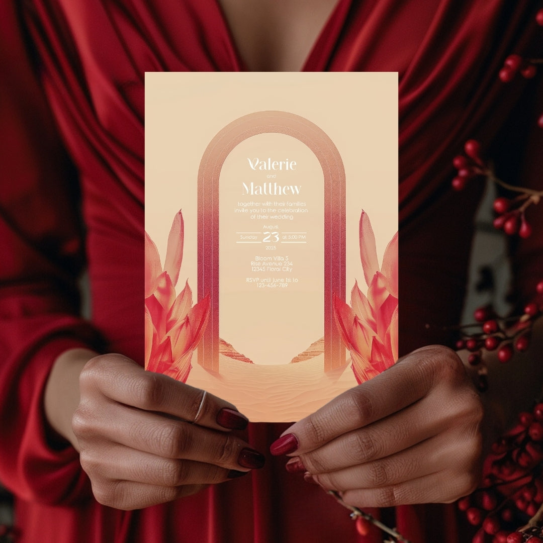 Red Florals Blush Dune Desert Arch Wedding Invitation