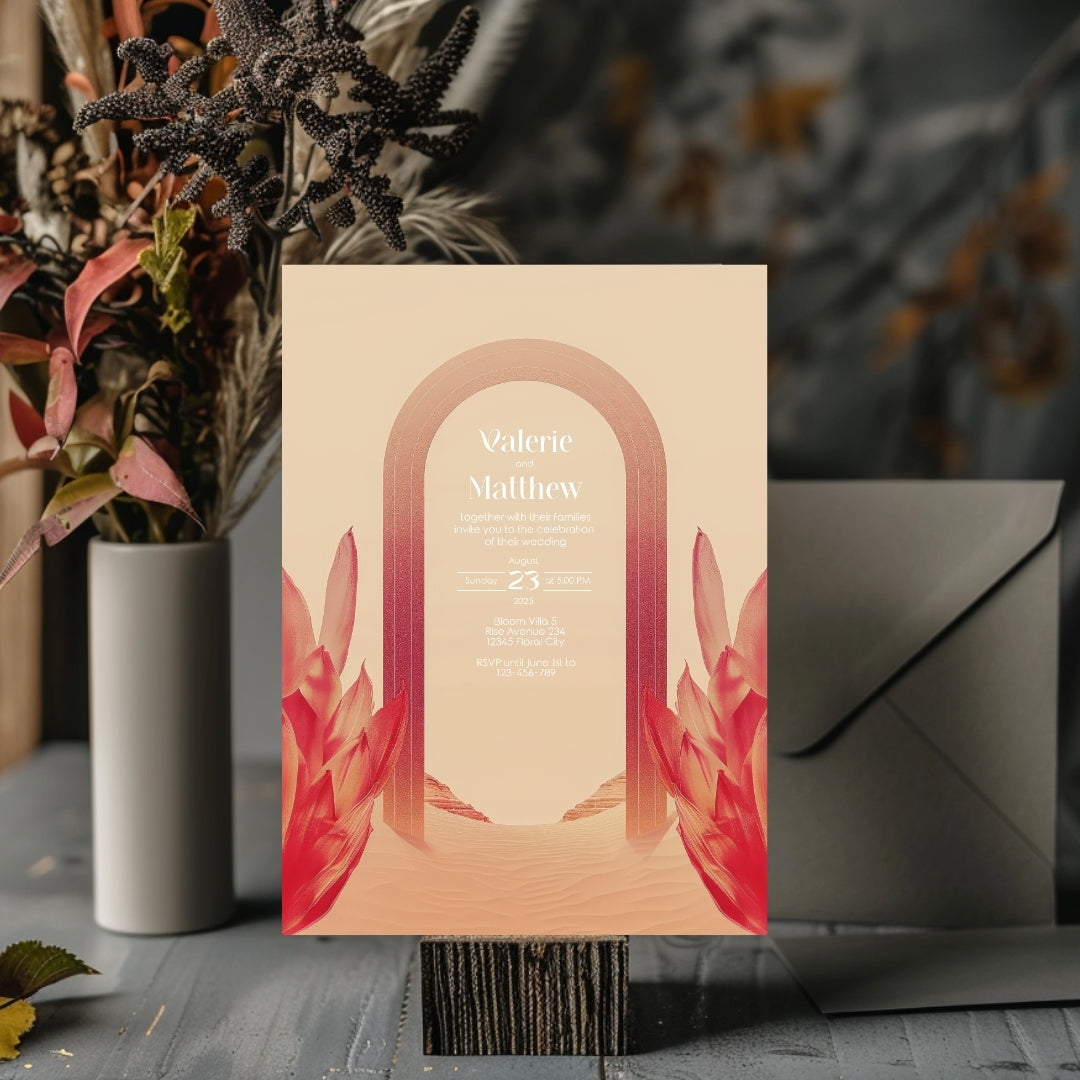 Red Florals Blush Dune Desert Arch Wedding Invitation