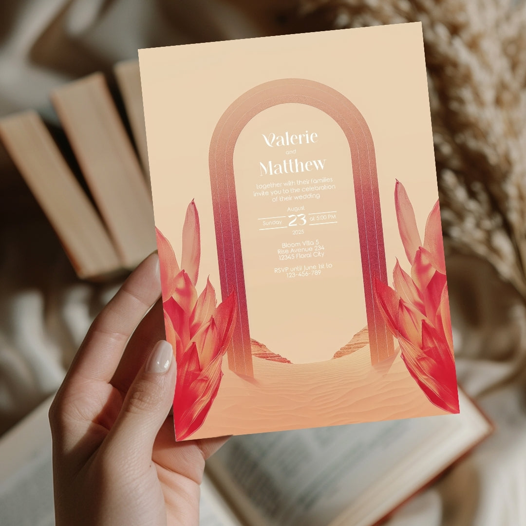 Red Florals Blush Dune Desert Arch Wedding Invitation