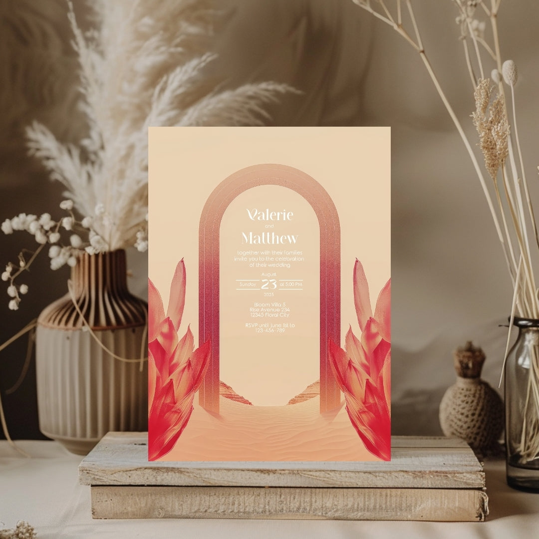 Red Florals Blush Dune Desert Arch Wedding Invitation