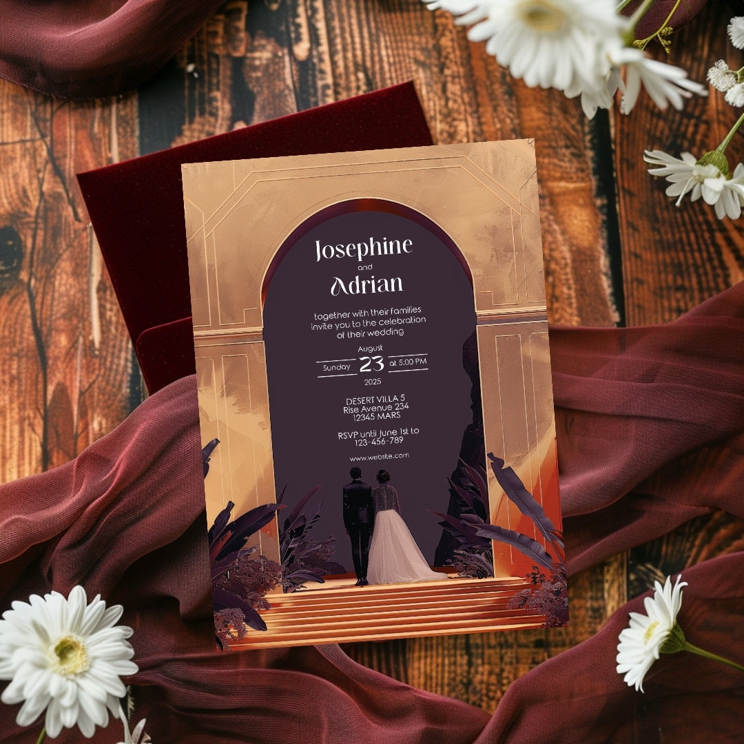 Red Dune Desert Couple Gold Arch Wedding Invitation