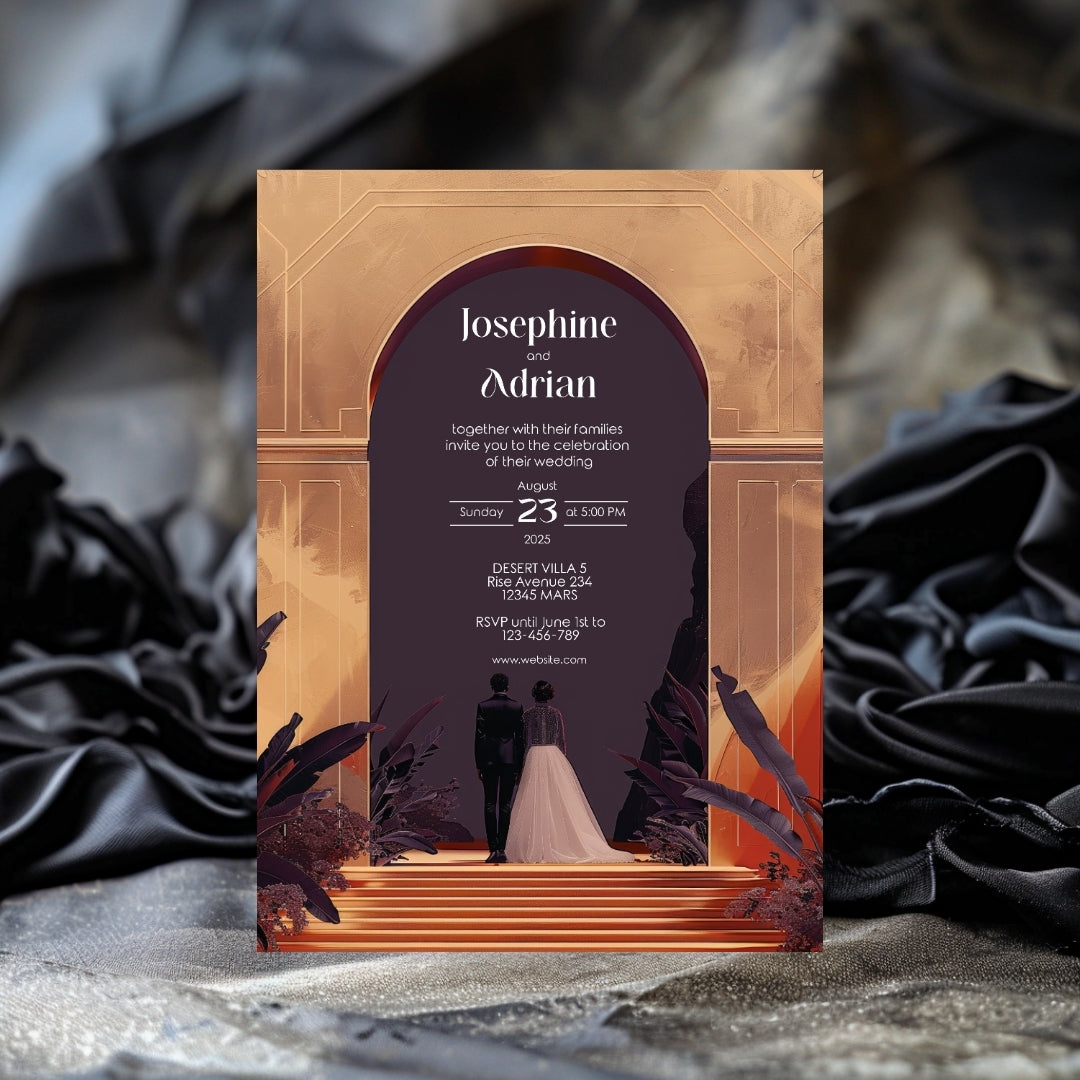 Red Dune Desert Couple Gold Arch Wedding Invitation