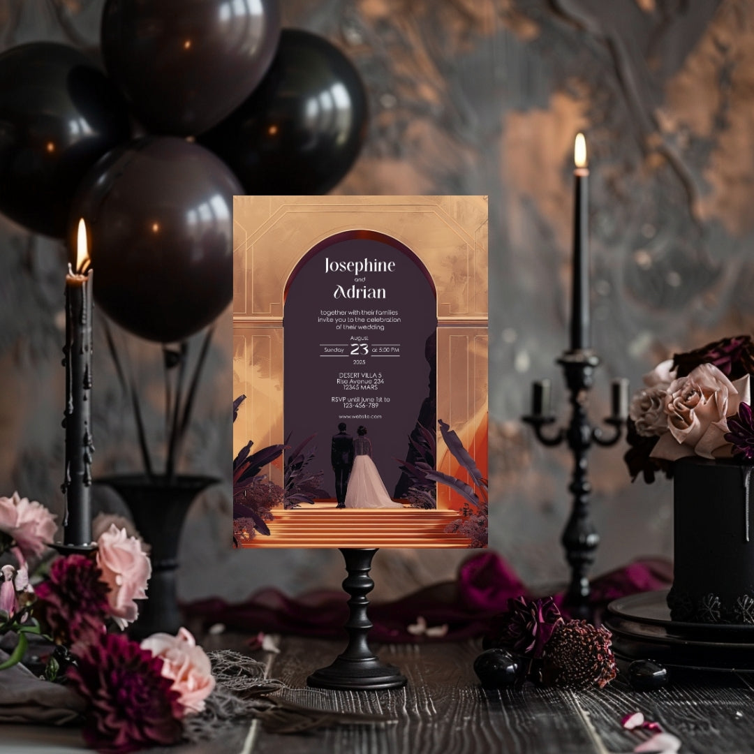 Red Dune Desert Couple Gold Arch Wedding Invitation