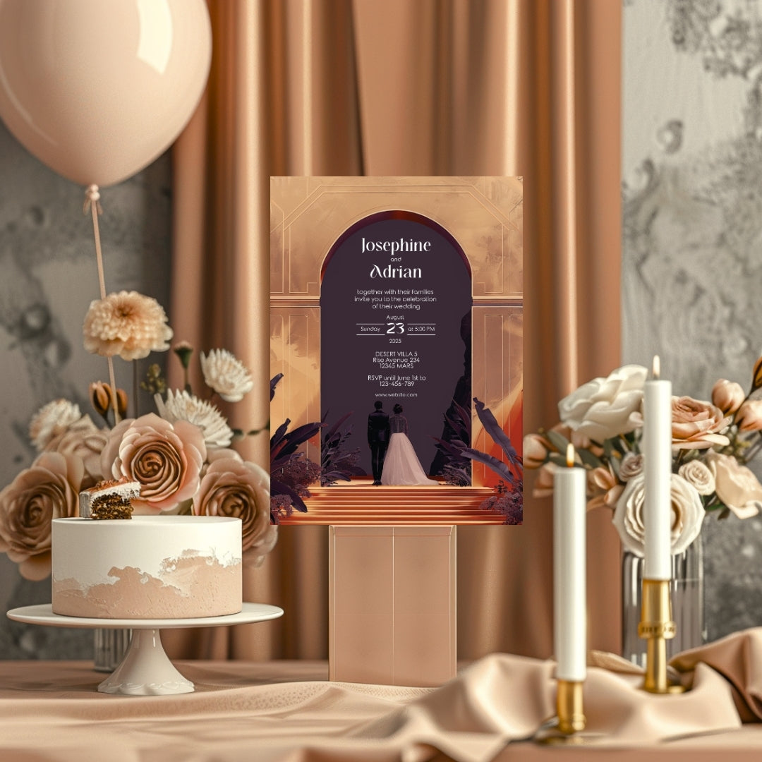 Red Dune Desert Couple Gold Arch Wedding Invitation