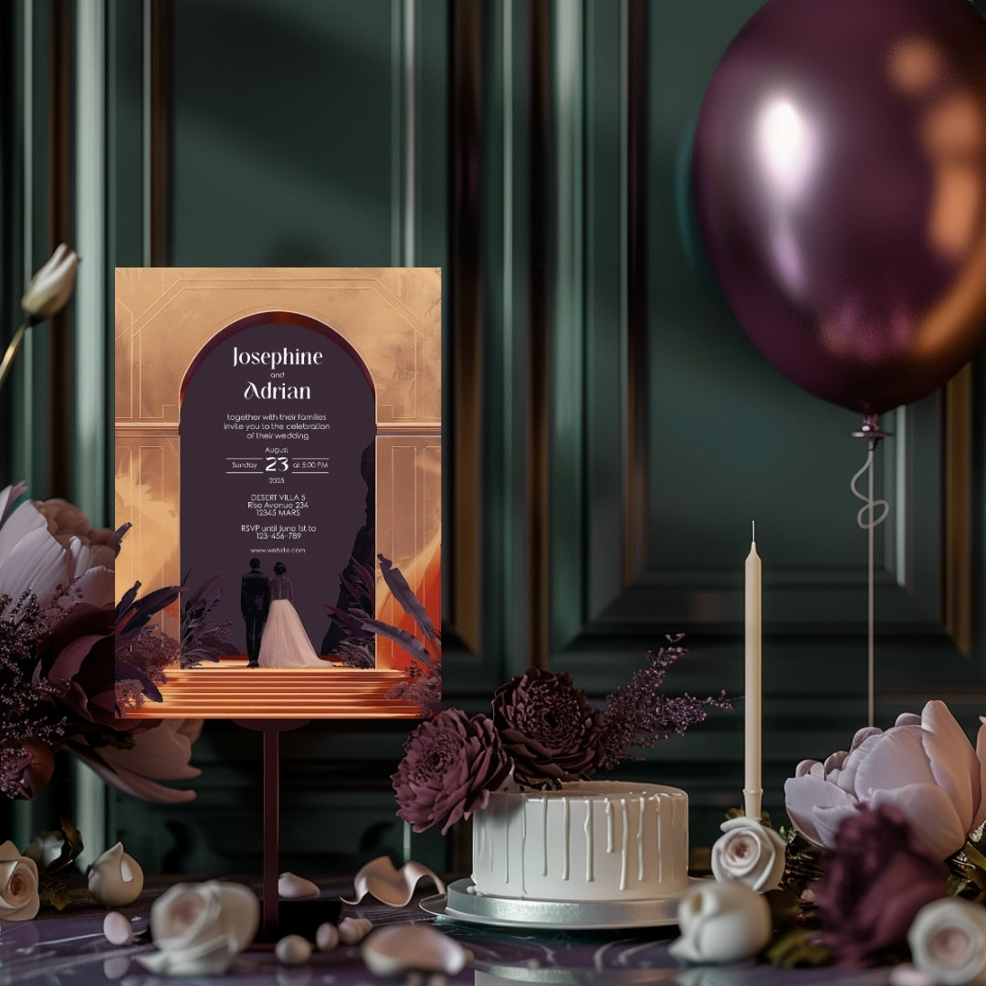 Red Dune Desert Couple Gold Arch Wedding Invitation