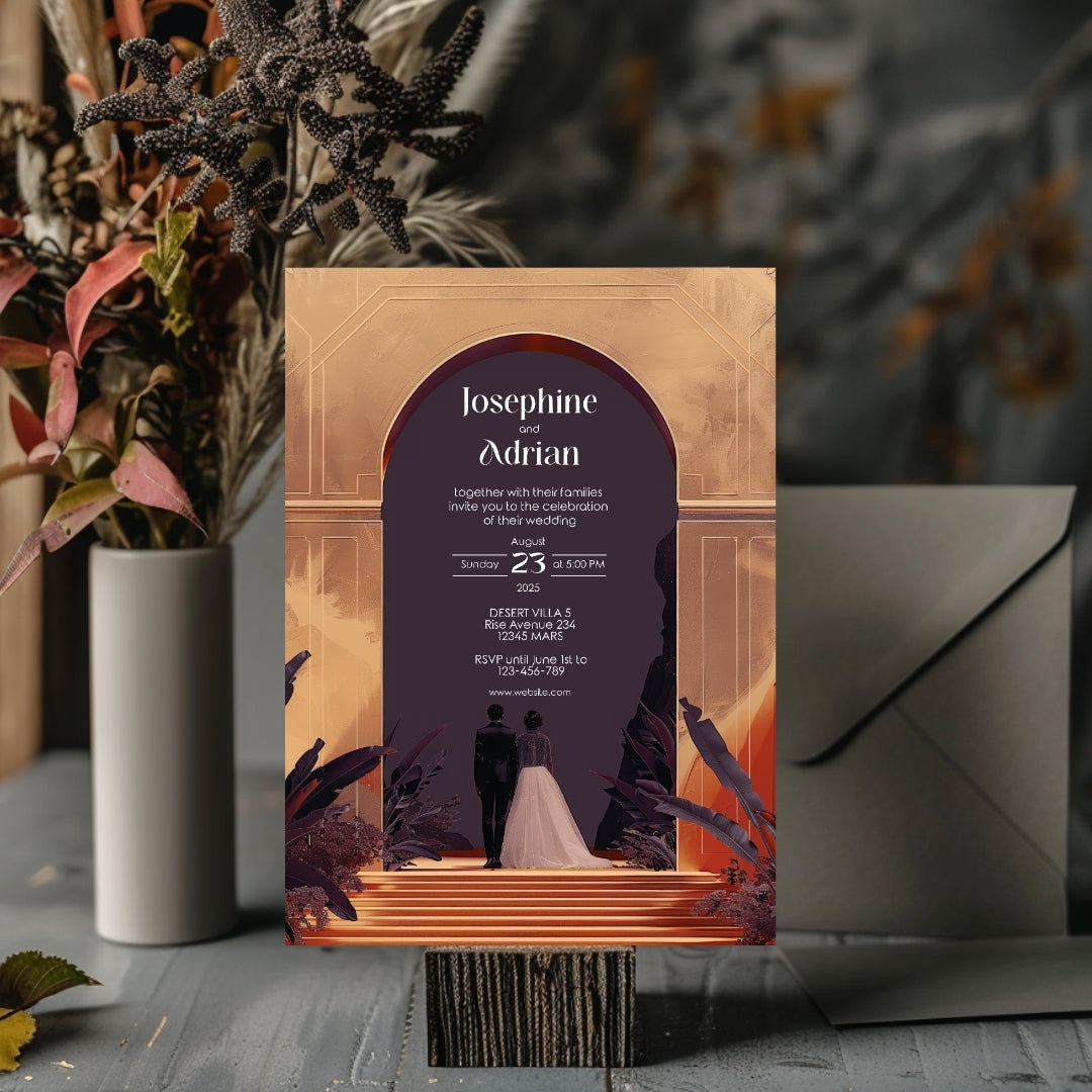 Red Dune Desert Couple Gold Arch Wedding Invitation