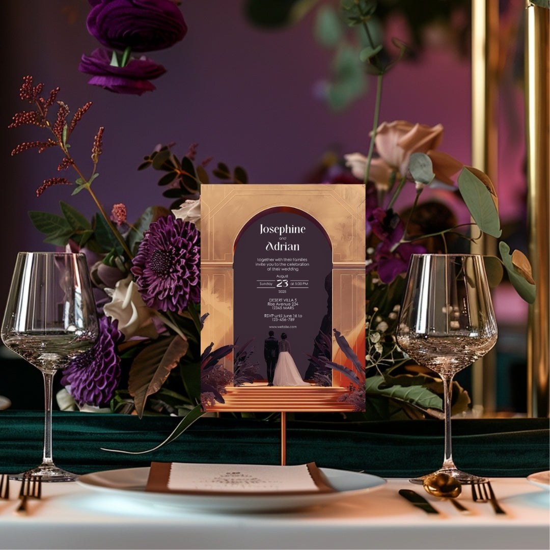 Red Dune Desert Couple Gold Arch Wedding Invitation