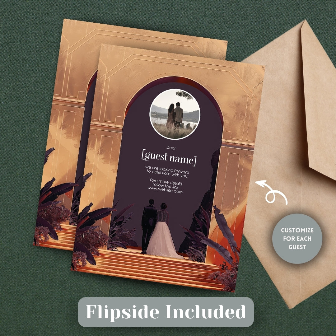 Red Dune Desert Couple Gold Arch Wedding Invitation
