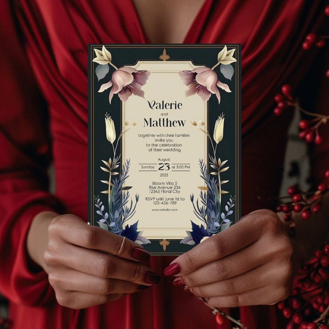 Vintage Royal Floral Frame Elegance Wedding Invitation