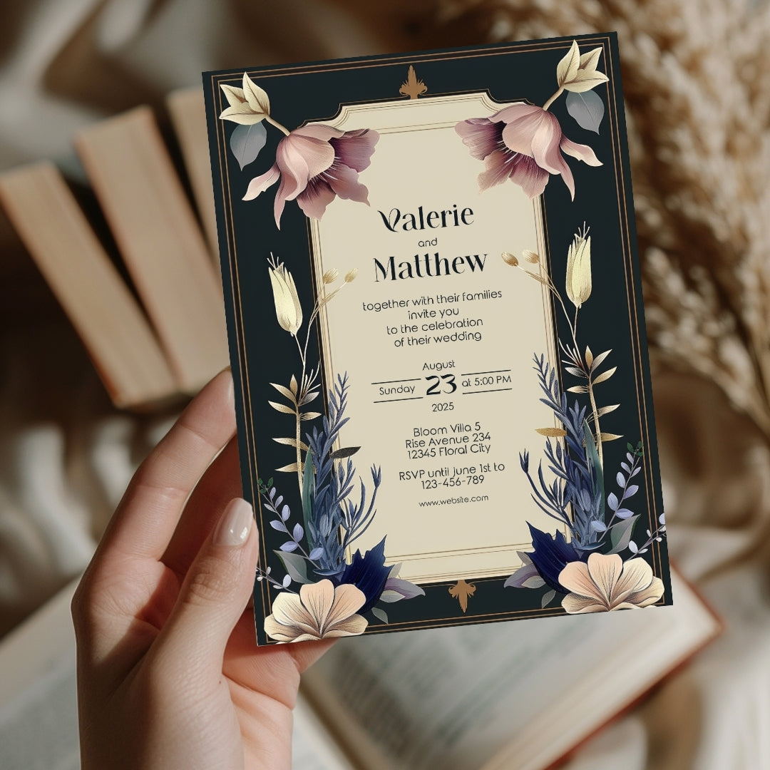 Vintage Royal Floral Frame Elegance Wedding Invitation