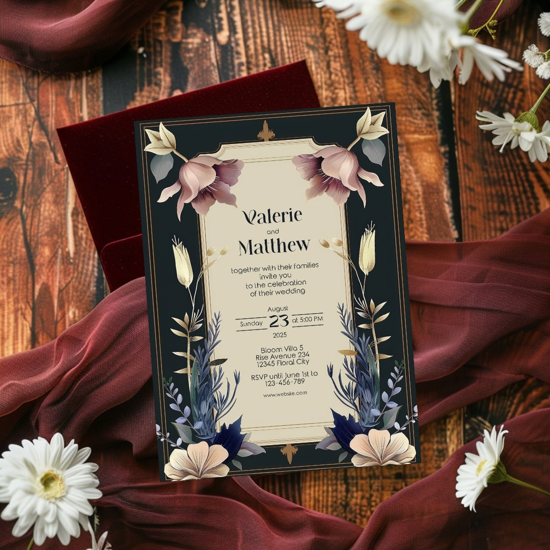 Vintage Royal Floral Frame Elegance Wedding Invitation