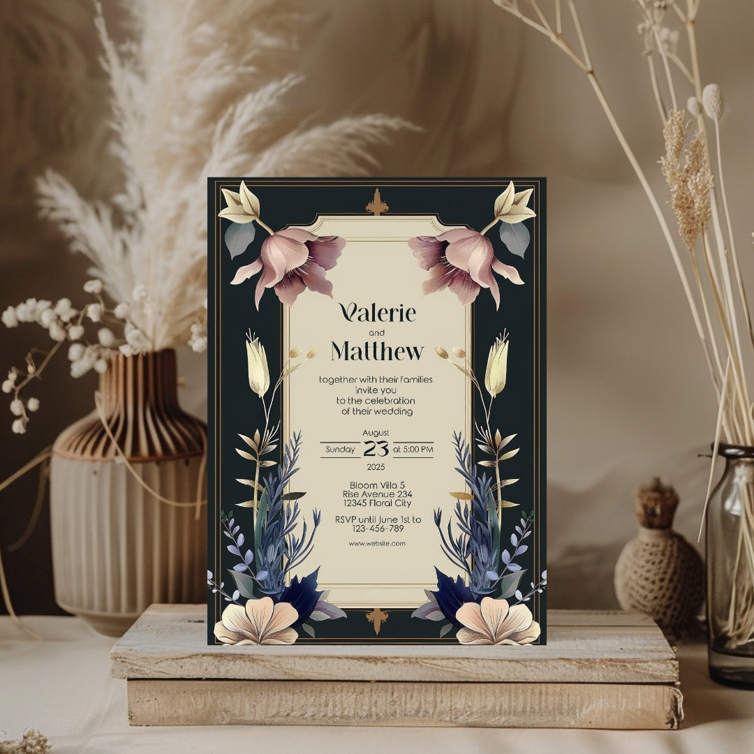 Vintage Royal Floral Frame Elegance Wedding Invitation