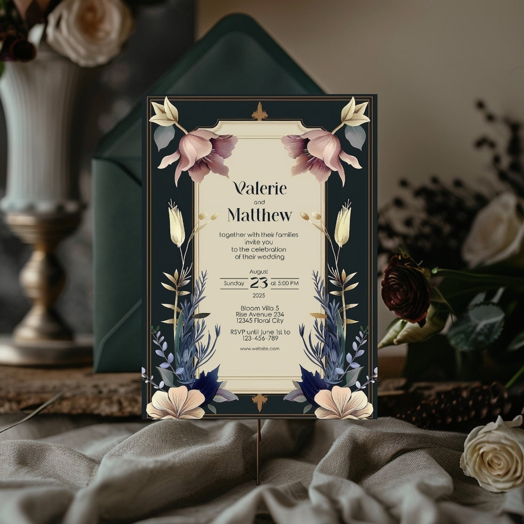 Vintage Royal Floral Frame Elegance Wedding Invitation
