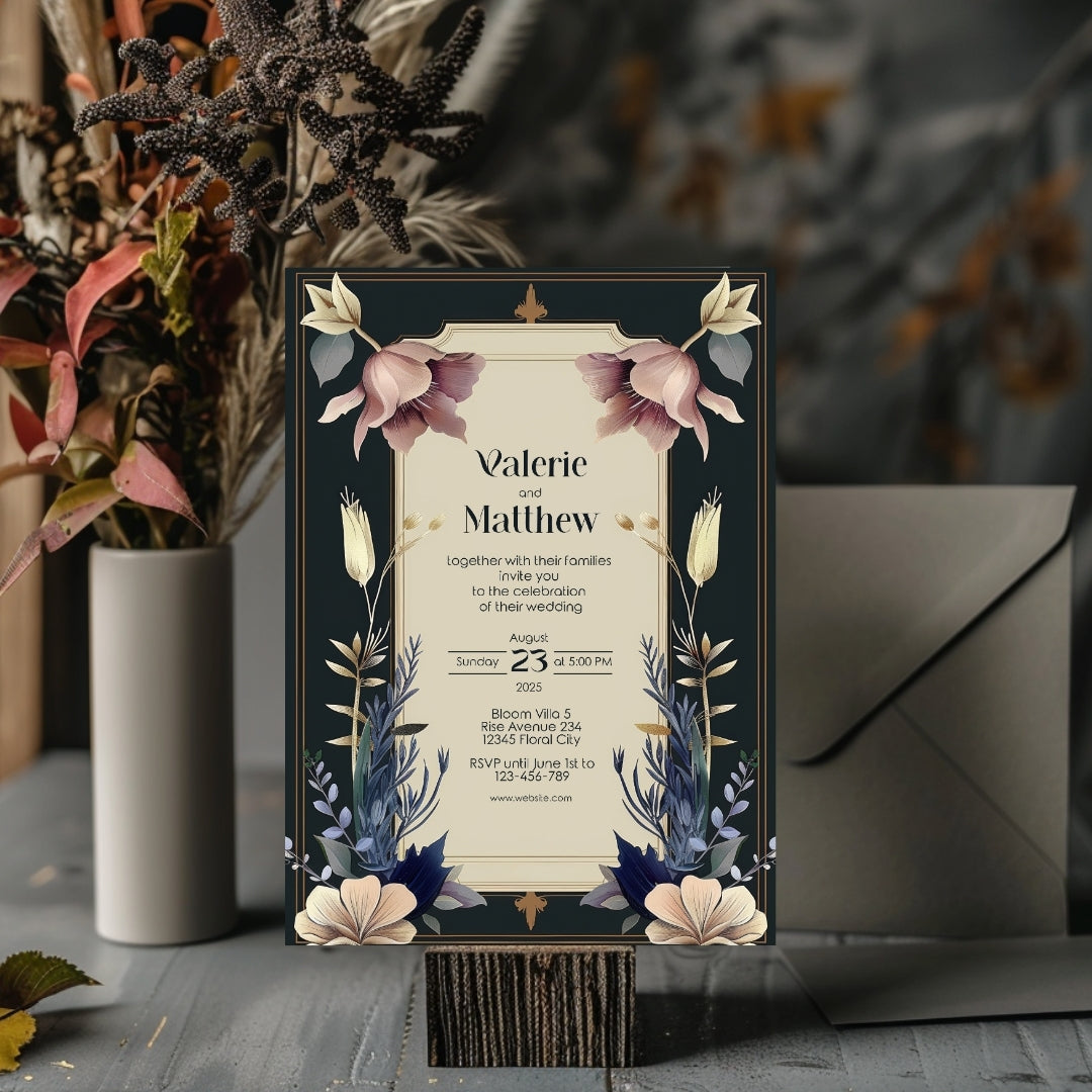 Vintage Royal Floral Frame Elegance Wedding Invitation
