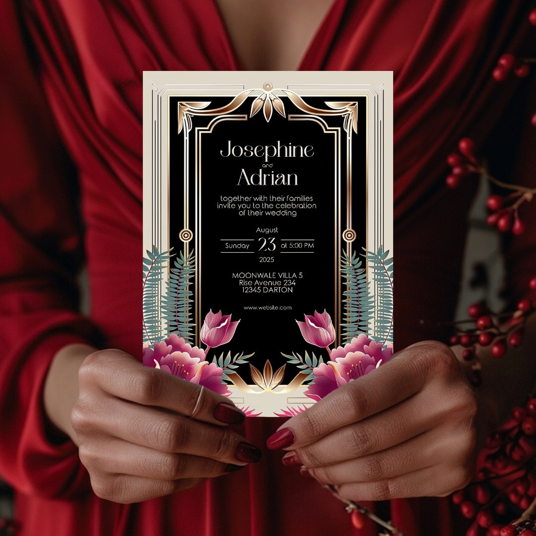 Floral Bouquet Art Deco Wedding Invitation