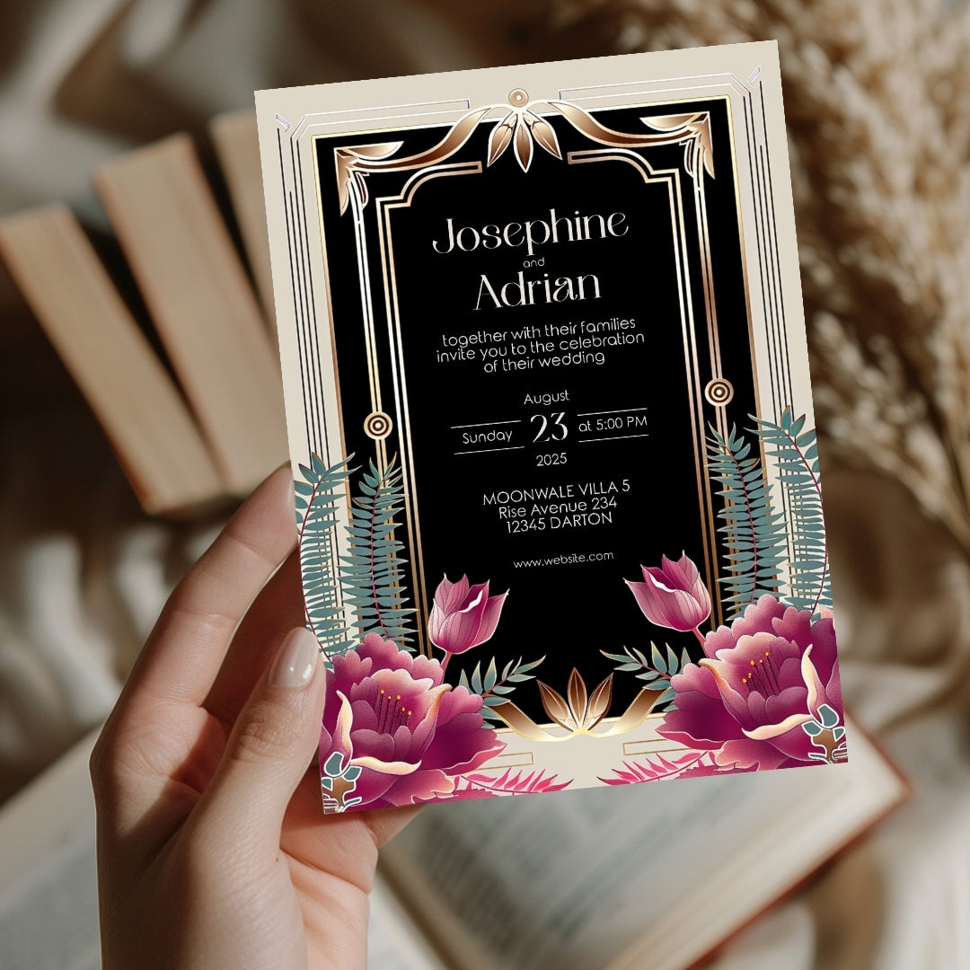 Floral Bouquet Art Deco Wedding Invitation