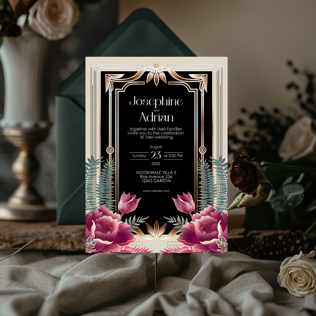 Floral Bouquet Art Deco Wedding Invitation