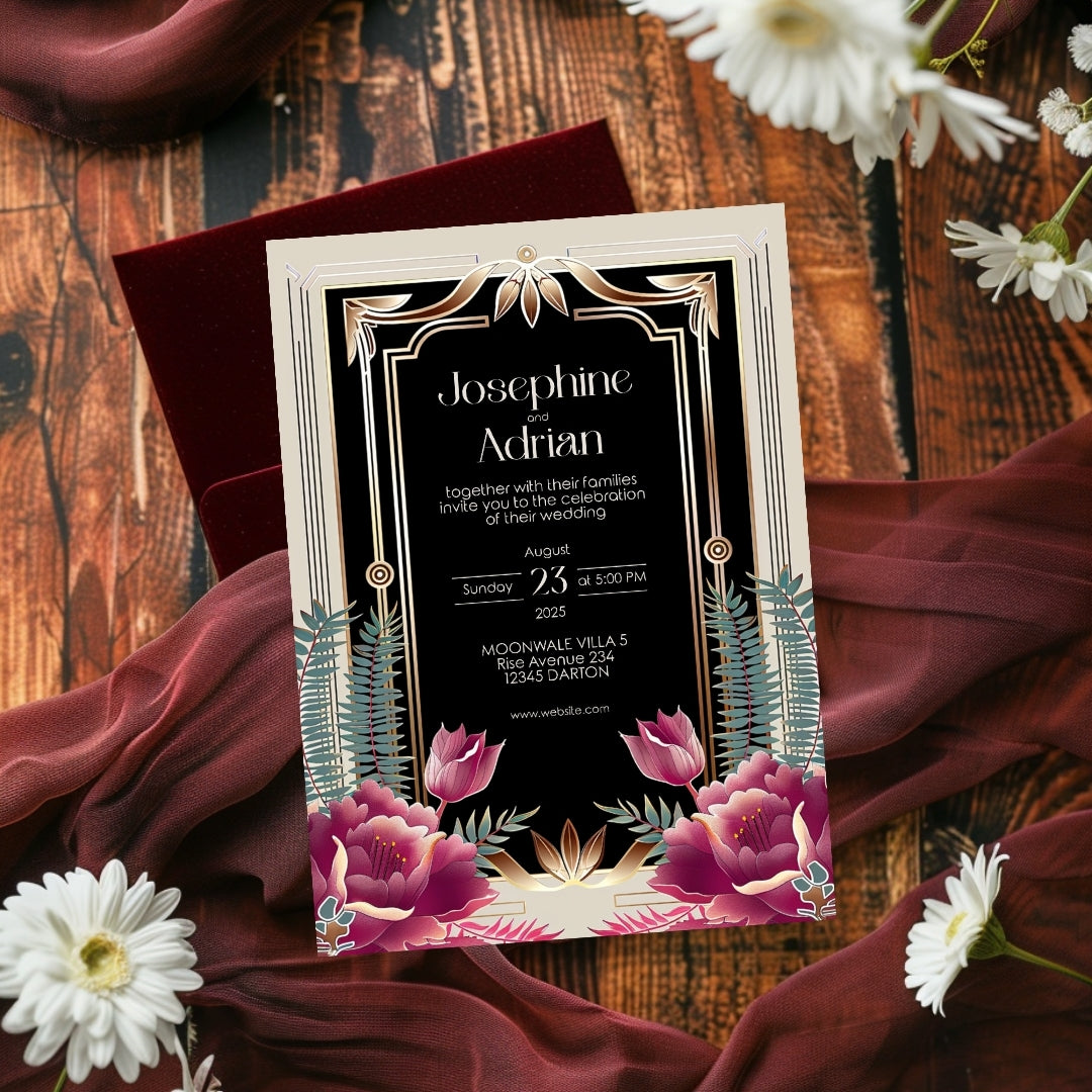 Floral Bouquet Art Deco Wedding Invitation