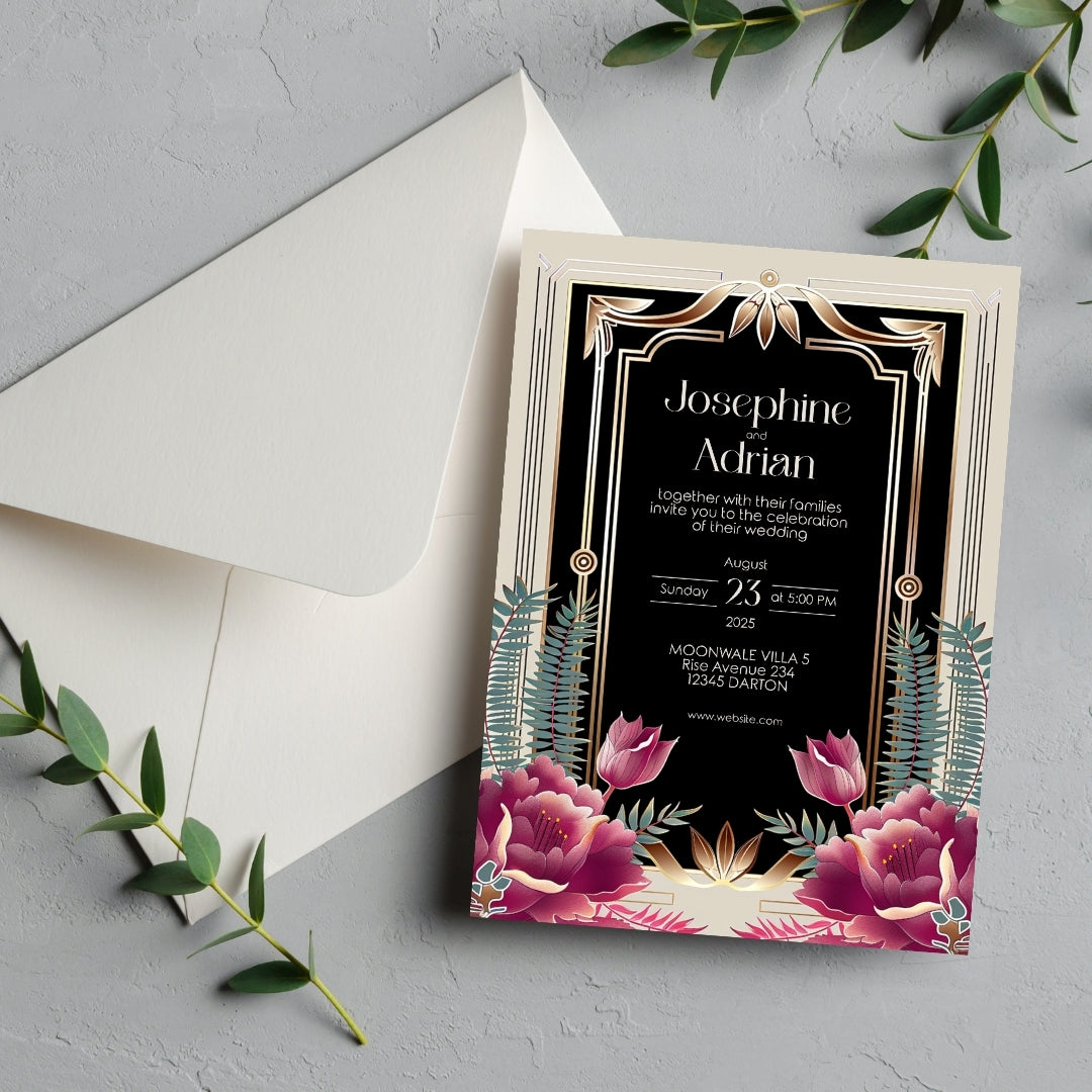 Floral Bouquet Art Deco Wedding Invitation