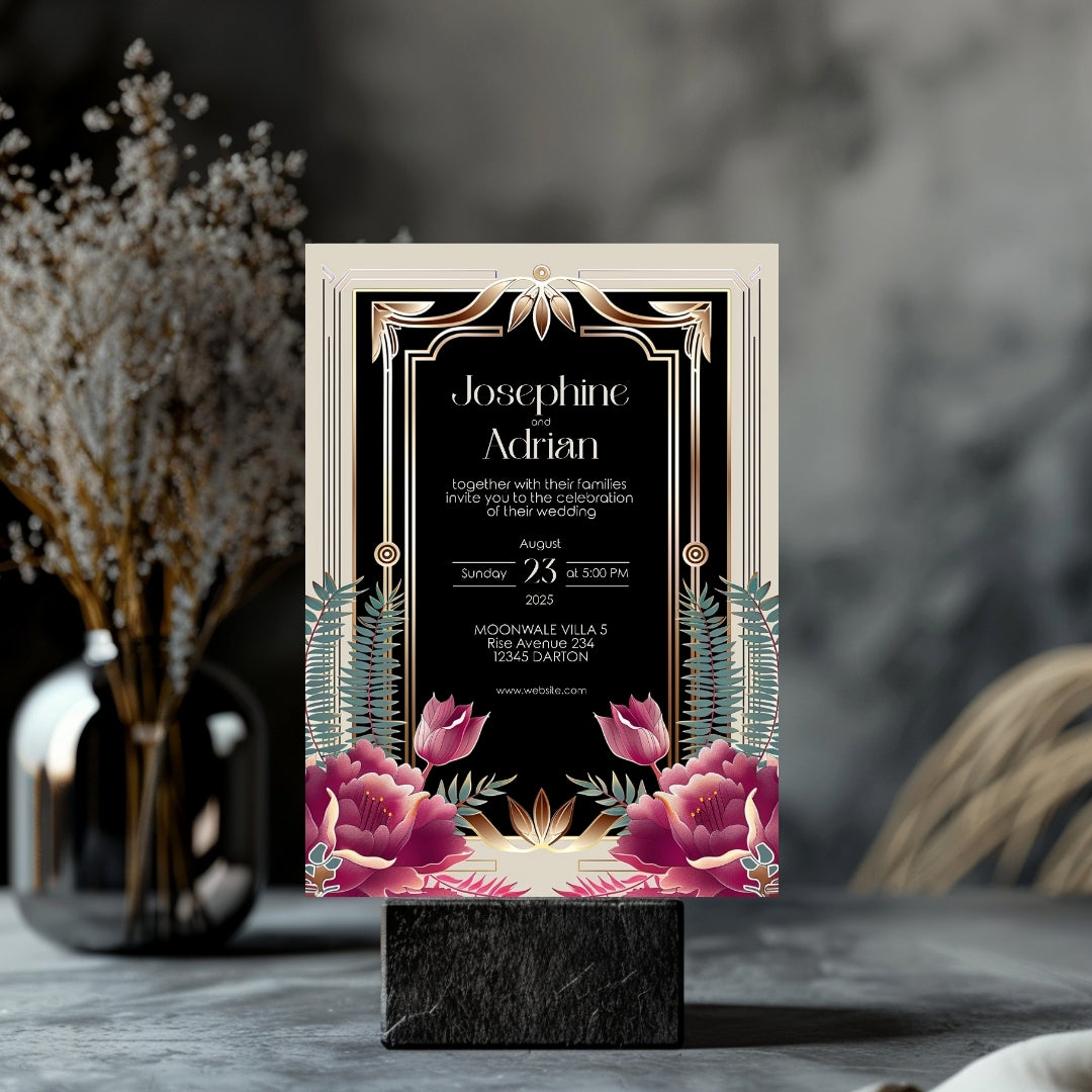 Floral Bouquet Art Deco Wedding Invitation