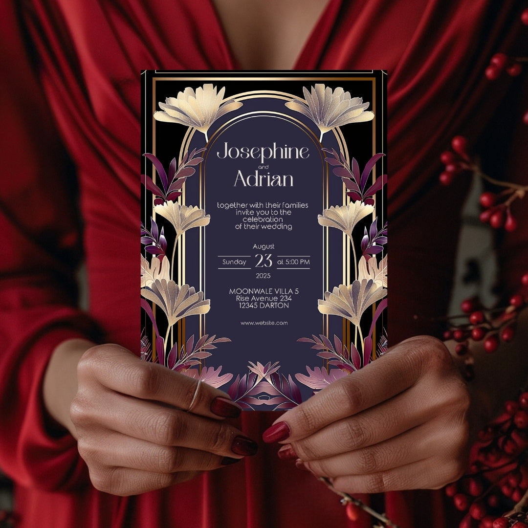 Gold and Purple Floral Art Deco Wedding Invitation