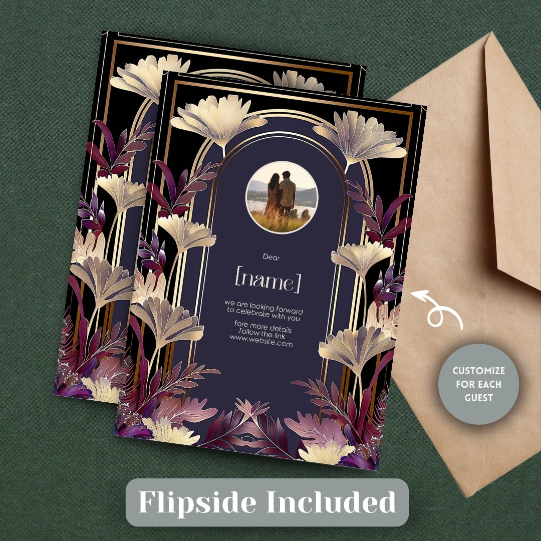 Gold and Purple Floral Art Deco Wedding Invitation