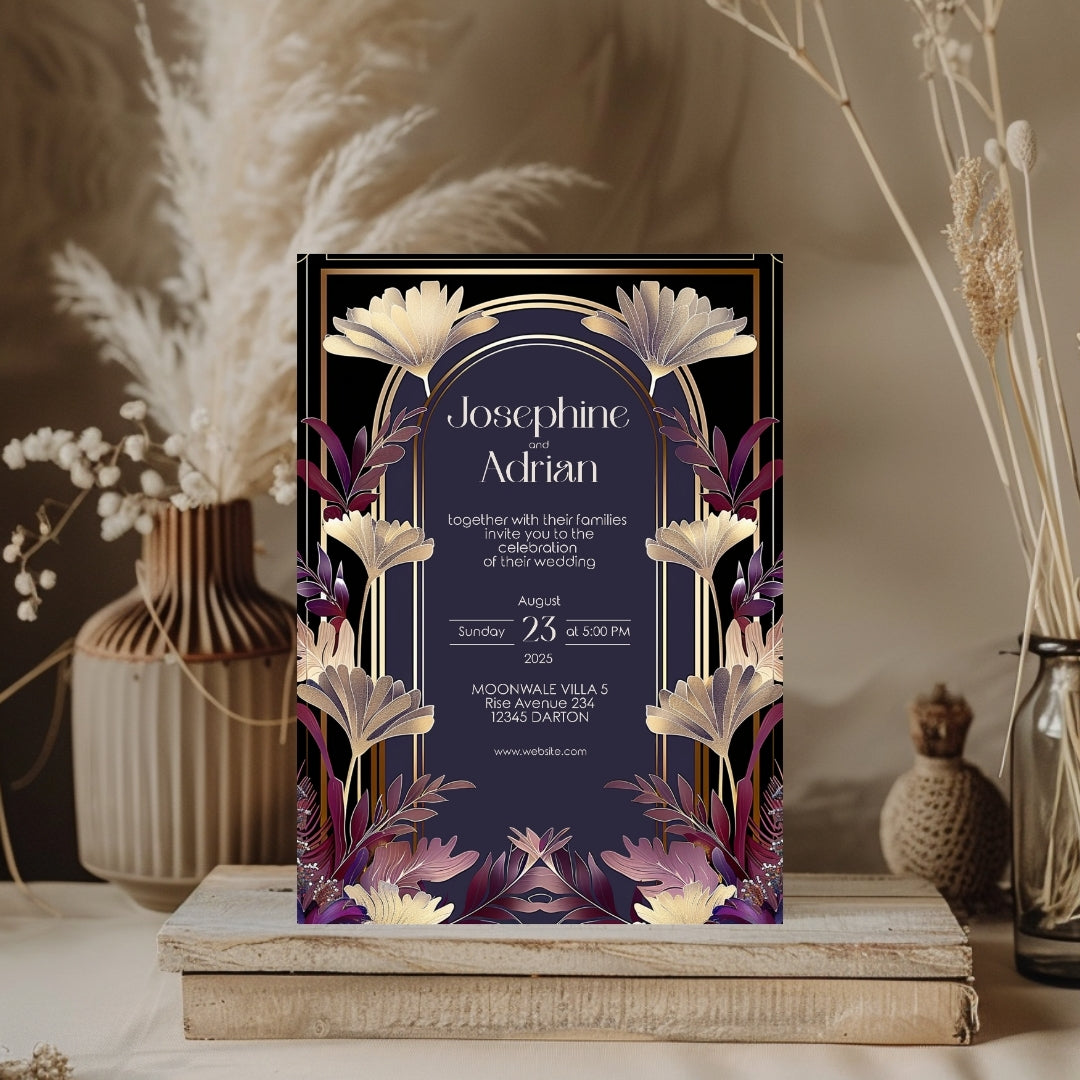 Gold and Purple Floral Art Deco Wedding Invitation
