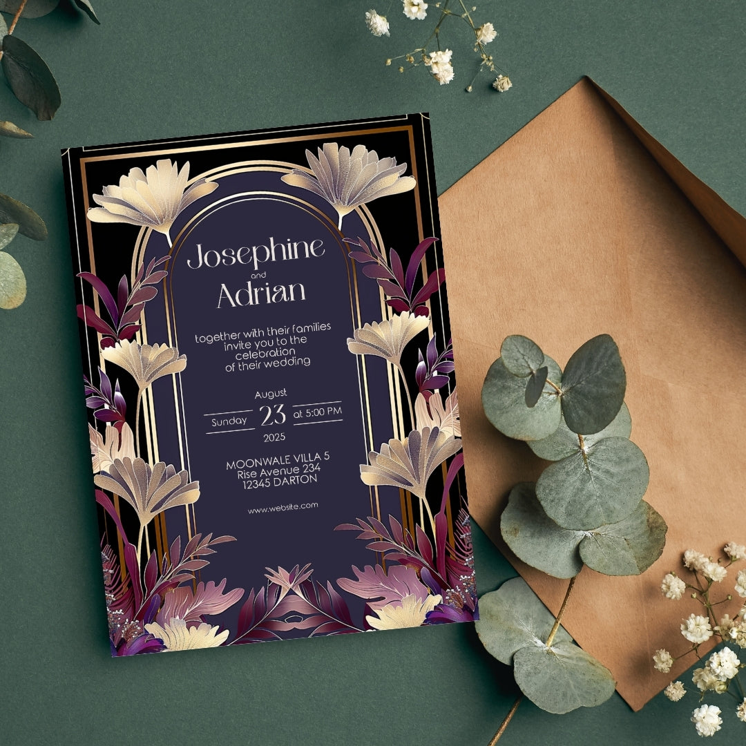 Gold and Purple Floral Art Deco Wedding Invitation