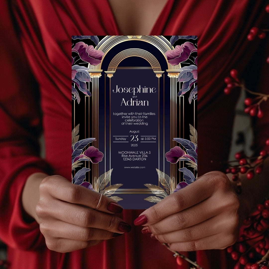 Dark Blue and Purple Art Deco Wedding Invitation